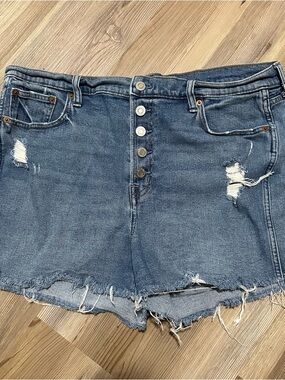 High-Rise Distressed Denim Shorts - Blue